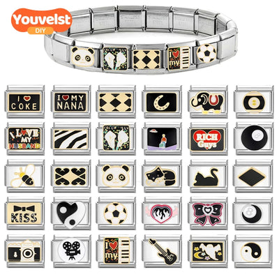 Y2K Charm Camera Guitar Bow Table Tennis Italian Charm Links Fit 9mm Bracelet Stainless Steel DIY Jewelry Making Birthday Gift