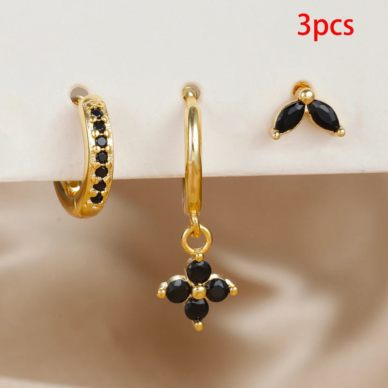 3PCS Exquisite Green Zircon Hanging Earrings Set for Women Stainless Steel Flower Dangle Earring Cartilage Piercing Jewelry