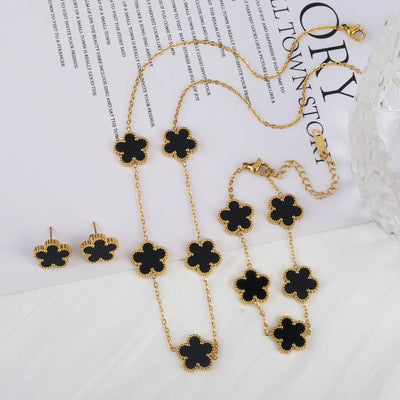 Gold Plated Lucky Stainless Steel Five Leaf Flower 3PCS Jewelry Set Bracelet Necklace Earrings for Women Party Jewelry Clover