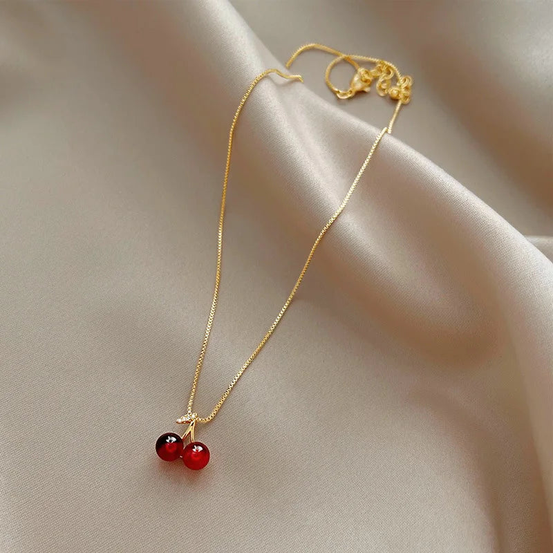 Stainless Steel Wine Red Cherry Gold Colour Pendant Necklace For Women Personality Fashion Necklace Wedding Jewelry Birthday Gif