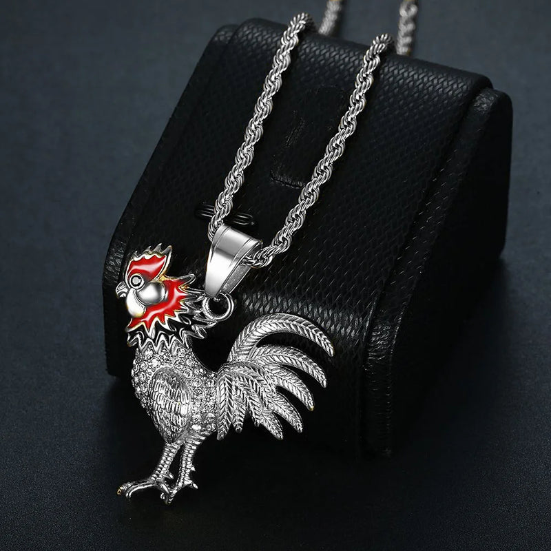 Hip Hop Iced Out Bling Rooster Pendant Necklace Gold Color Stainless Steel Chains For Men Women Animal Jewelry Dropshipping