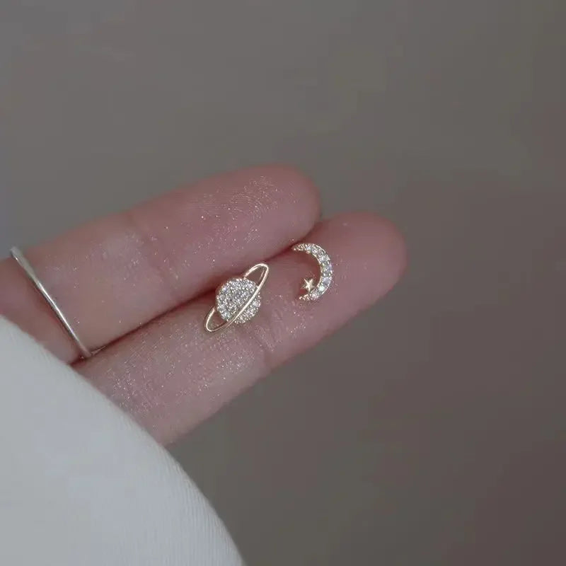 Simple Piercing Stud Earrings for Women Star Moon Zircon 925 Silver Needles Tragus Cartilage Asymmetry Pendiente Fine Jewelry