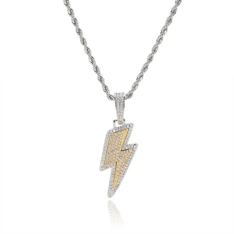 Hip Hop Necklace Full White CZ Zircon Lightning Pendants Necklace for Men Women&