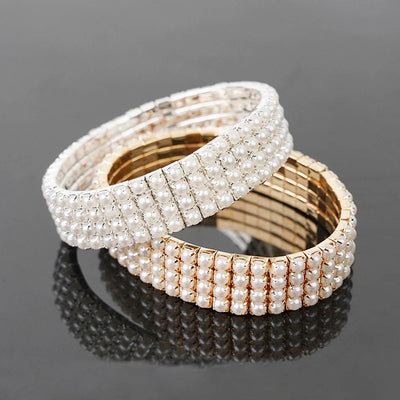 Classic 4 Rows Pearl Stretch Bracelets Bangles For Women Wedding Bridal Elastic Wristband Bracelet Jewelry Gold Silver Color