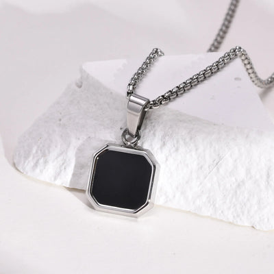 Casual Black Enamel Necklaces for Men,Waterproof Stainless Steel Square Pendant Necklace,Simple Fashion Male Collar Jewelry Gift