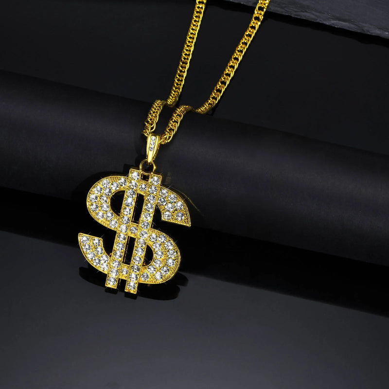 Men Gold Color Dollar Sign Necklaces with Cuban Chain,Hip Hop Money Dollar Pendant Collar, Music Festival Party Gifts Jewelry