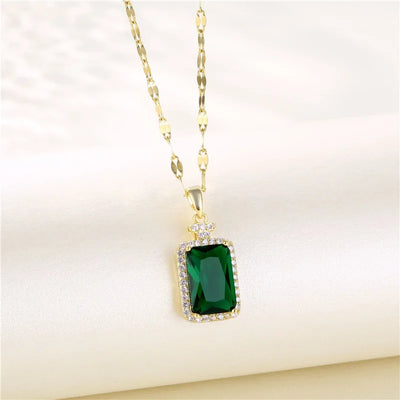 New In Fashion Green Zircon Crystal Pendant Stainless Steel Necklaces For Women Trendy Retro Style Female Clavicle Chain Jewelry