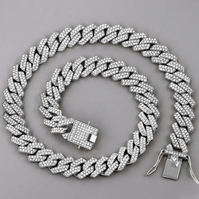 HipHop Men Women 14MM Prong Cuban Link Chain Necklace Bling Iced Out 2 Row Rhinestone Paved Miami Rhombus Cuban Necklace Jewelry