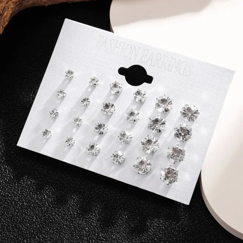 New 12 Pair/Pack White Shiny Wedding Stud Earrings Set For Women Men Crystal Jewelry Accessories Oorbellen Jewelry Earrings