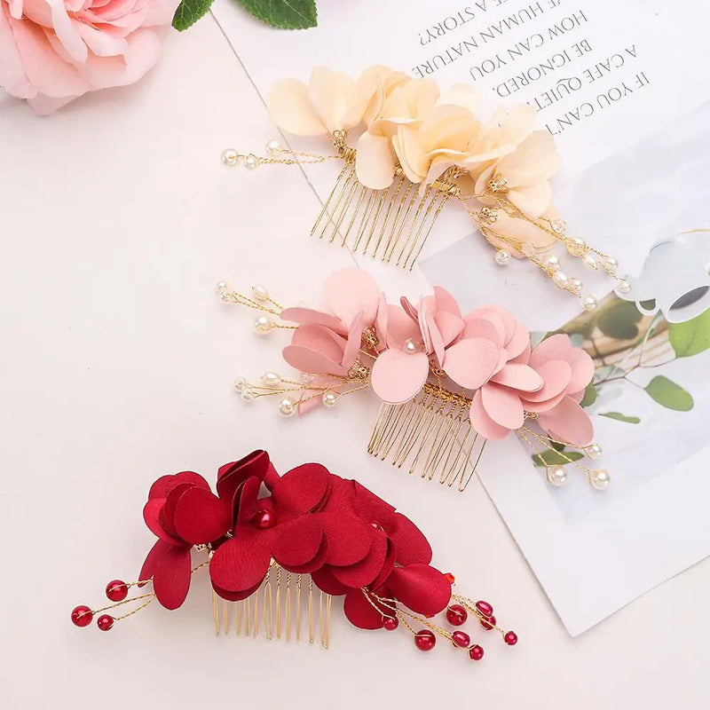 1Pcs Fashion Red Flower Hair Comb Bridesmaid Crystal Hair Clip Bridal Hairpin Wedding Hair Jewelry For Women Party Hairband Gift