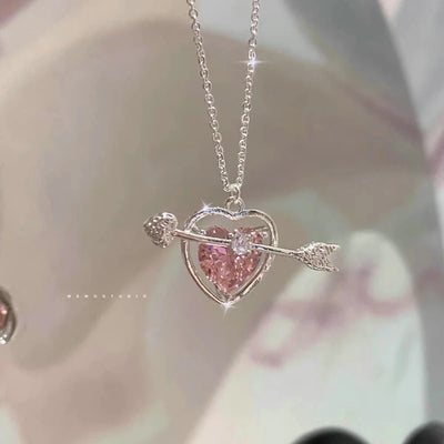 Fashion Pink Planet Heart Zircon Necklace Women Charm Aesthetic Clavicle Chain Necklace Valentines Day Gift Party Jewelry