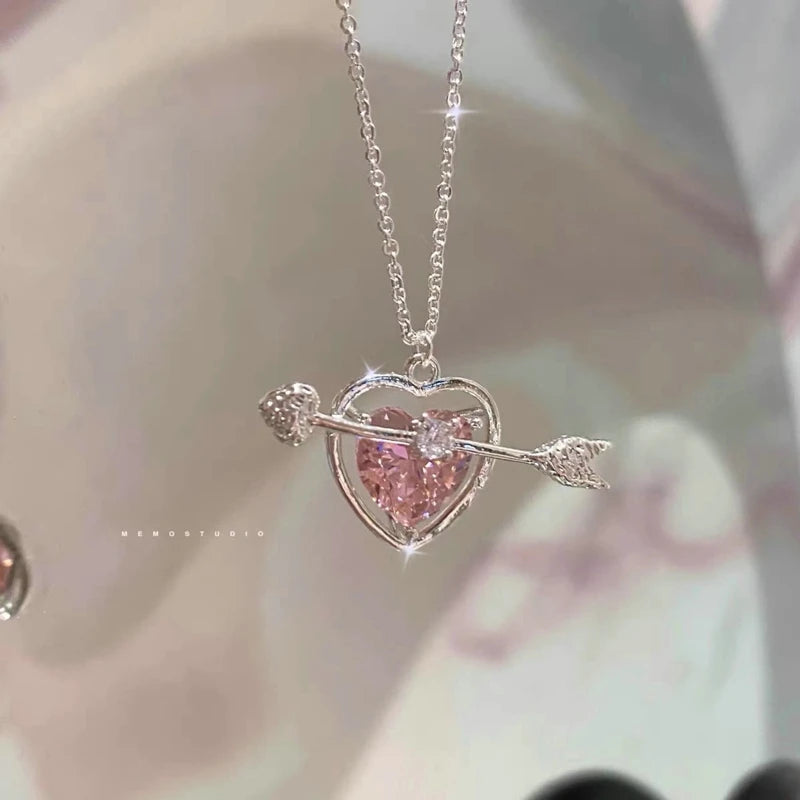 Fashion Pink Planet Heart Zircon Necklace Women Charm Aesthetic Clavicle Chain Necklace Valentines Day Gift Party Jewelry