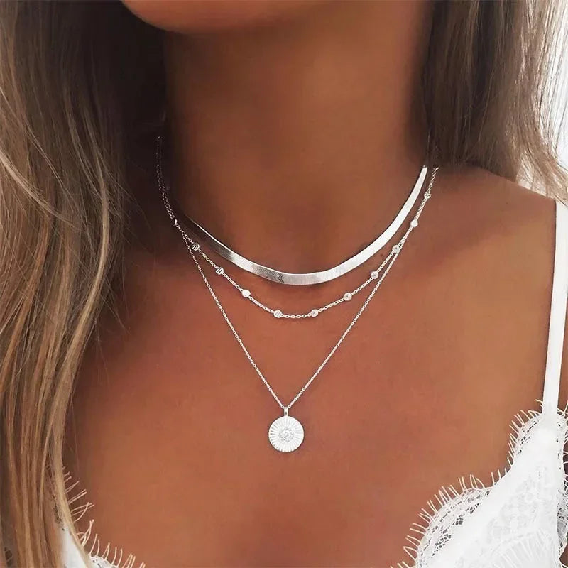 925 Sterling Silver Three-Layer Round Necklace Simple Snake Chain Charm Ball Chain Party Wedding Gift Women&