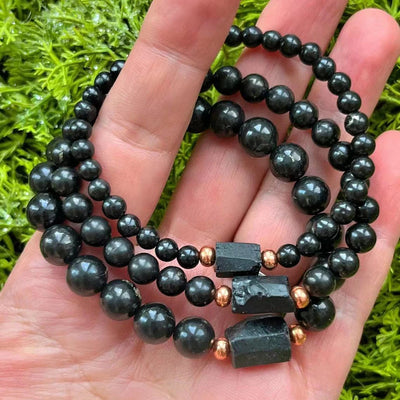 Ruberthen 4/6/8 MM Natural Shungite with Raw Black Tourmaline Gemstone Beaded Bracelet Negative Energy Chakra Wrist Mala Jewelry