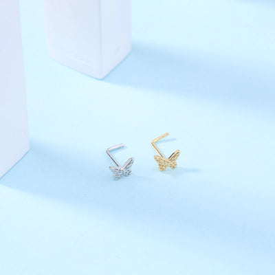 20G L Shaped Nose Studs Simple Mini Butterfly Design Gold Silver Color Nose Piercing for Women Girl Nostril Jewelry