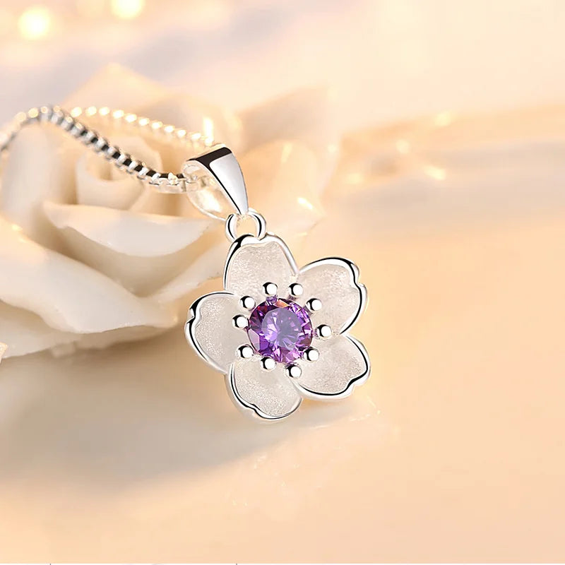 925 Sterling Silver Pink Purple Peach Blossom Necklaces For Women Retro Luxury Jewelry Accessories Freeshiping Items Jewellery