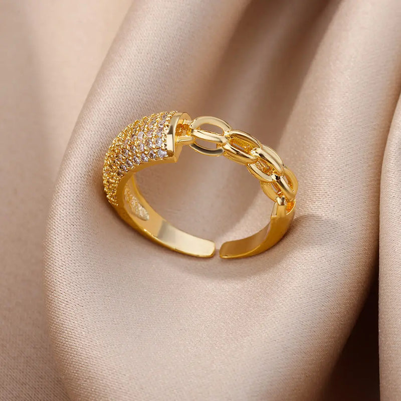 Fashion Gold Color Stainless Steel Rings For Women Chain Hollow Out Crystal Zircon Finger Ring Jewelry 2023 Gift anillos mujer