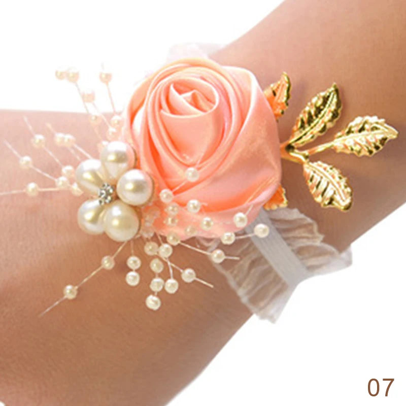 Bridesmaid Faux Rose Bracelet Wedding Wrist Corsage Polyester Ribbon Pearl Bow Bridal Gifts Hand Flowers Party Prom Accessories