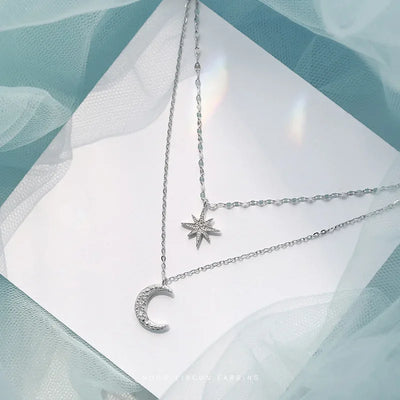 New Fashion Silver Color Double Layer Star Moon Necklace for Women Charm Delicate Zircon Stainless Steel Choker Chain Jewelry