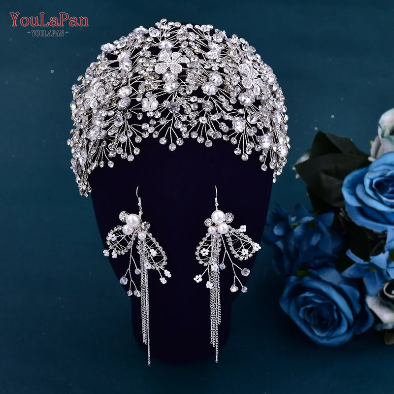 TOPQUEEN Bride Rhinestone Headband Earring Set Luxury Crystal Wedding Headband Wholesale Headpieces Hair Accessories HP240