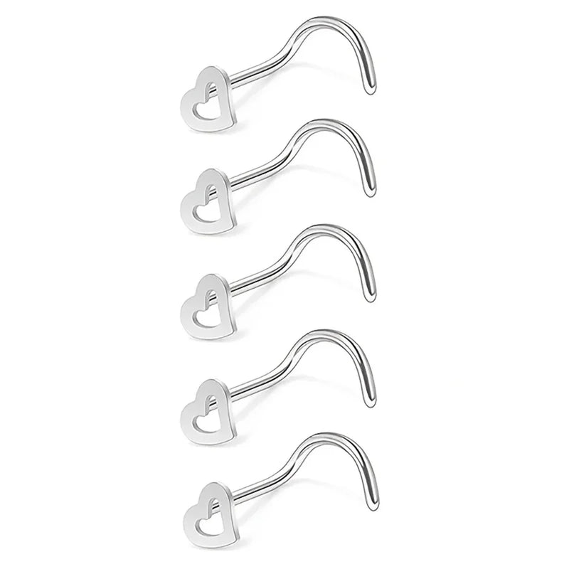 5pcs Fashion Hollow Heart Stainless Steel Nose Stud Set for Women,Nostril Piercing Nariz Pin Screw Body Jewelry