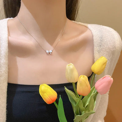 Light And Luxurious Opal Bow Necklace Women's Ins Fashionable And Versatile Temperament Small And Fresh Titanium Steel Chain