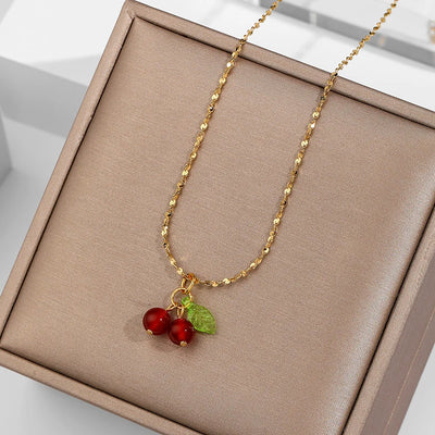 316l stainless steel Cherry Necklace Natural stone beads pendant chain necklace Women's fashion wedding jewelry birthday gift