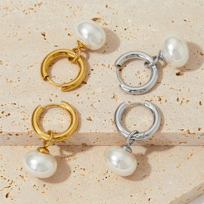 New Retro Imitation Pearl Stainless Steel Earrings Fashion Simple Exquisite Metal Ear Hoop Jewelry Party Gift