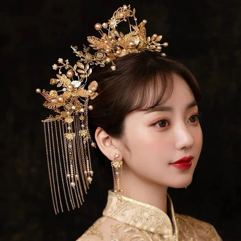 Chinese Style Wedding Bridal Hair Jewelry Bride Crown Headdress Wedding Hair Accessories Bridal Headwear Headpiece Tiara