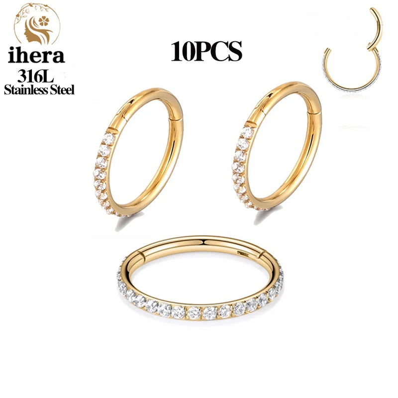 1/10/50PCS Stainless Steel Zircon Hinged Segment Nose Septum Clicker Ring Round Earrings Hoops Ear Tragus Helix Piercing Jewelry