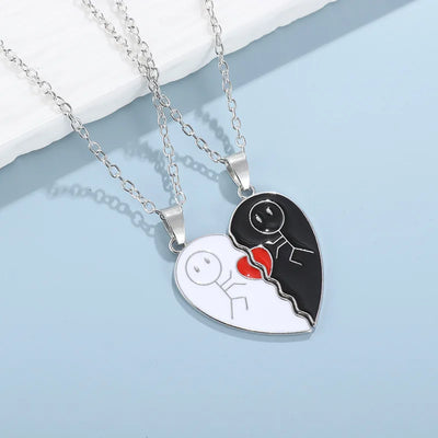 2Pcs Magnet Matchstick People LOVERS' Black White Heart Pendant Chain Matching Necklace for Women Men Valentine's Day Girl Gift