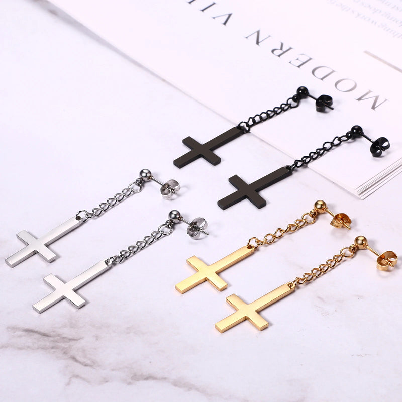 BONISKISS Men Women Stainless Steel Inverted Upside Down Cross Earring Church of Satan Temple Occult Satanic Witchy Stud Jewelry