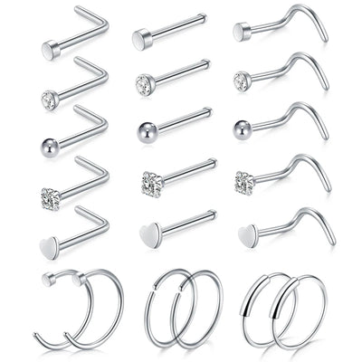 5/6/21Pcs 20G Nose Studs Stainless Steel Nostril Studs Screws Nose Ring Hoop Body Piercing Silver Gold Color Heart Nose Studs