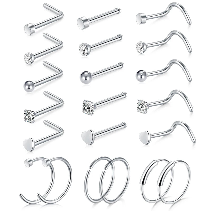 5/6/21Pcs 20G Nose Studs Stainless Steel Nostril Studs Screws Nose Ring Hoop Body Piercing Silver Gold Color Heart Nose Studs