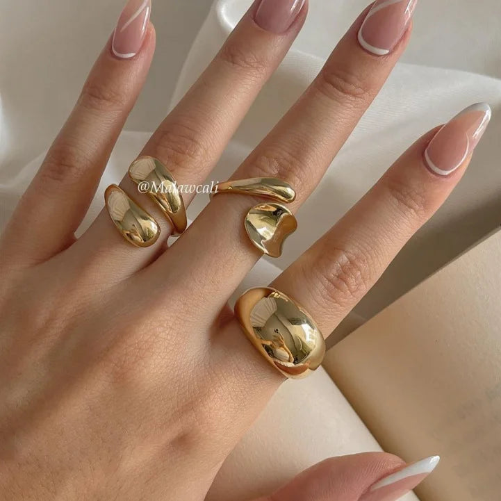 Fashion Gold Color Smooth Geometric Open Rings Set For Women Exaggerated Metal Irregular Thick Chunky Ring Trendy Jewelry Gifts