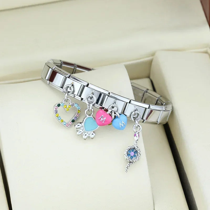 Hapiship 2024 New Fashion Colour Glaze Dog Butterfly Heart Charm Italian Link Fit DIY 9mm Stainless Steel Bracelet Jewelry DJ546