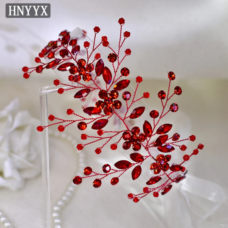 HNYYX Bridal Wedding Hair Accessories Red Rhinestone Headpieces Leaf Shaped Hair Vine Ladies Girls Holiday Tiara Gift A225