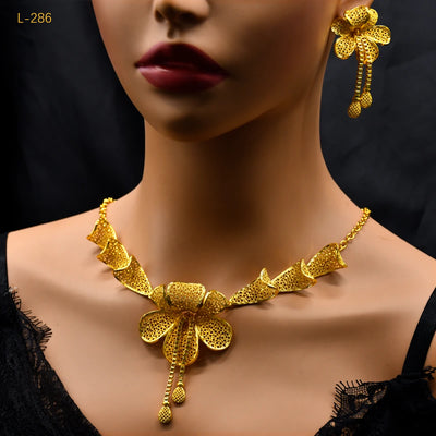 Dubai Indian African Flower Necklace Earrings Jewelry Set For Women 24K Gold Plated Nigeria Bridal Wedding Party Gift Jewellery