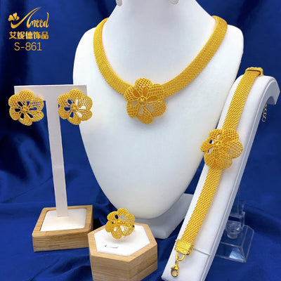 ANIID Dubai 24K Gold Plated Jewelry Set For Women African Indian Choker Necklace Earring Nigerian Jewellery Wedding Party Gifts