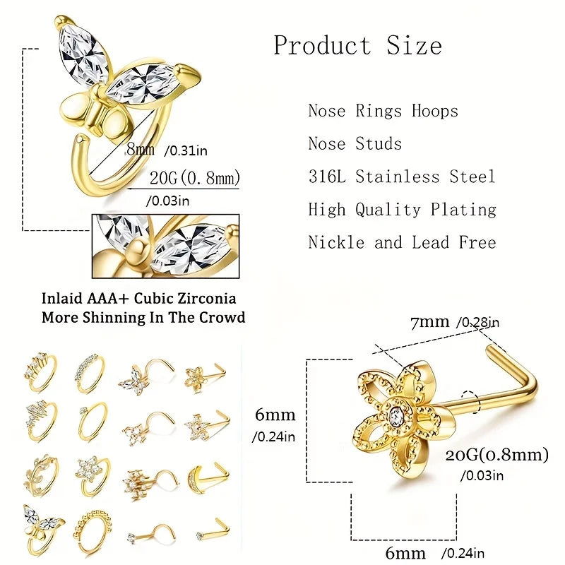 1Pc 20G Nose Rings Studs for Women, Stainless Steel 20G Nose Rings Hoop Screw L Shaped Nose Stud Nose Ring Nose Piercing Jewelry