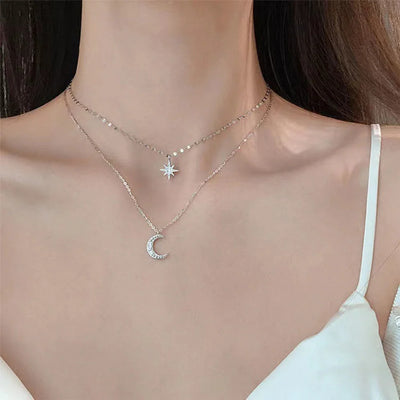 SUMENG 2024 Simple Double Layer Star Moon Charm  Multilayered Necklace Delicate Clavicle Chain Zircon For Women Fashion Jewelry