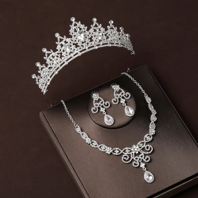 Luxury Silver Color Crystal Water Drop Bridal Jewelry Sets Rhinestone Tiaras Crown Necklace Earrings Wedding Dubai Jewelry Set