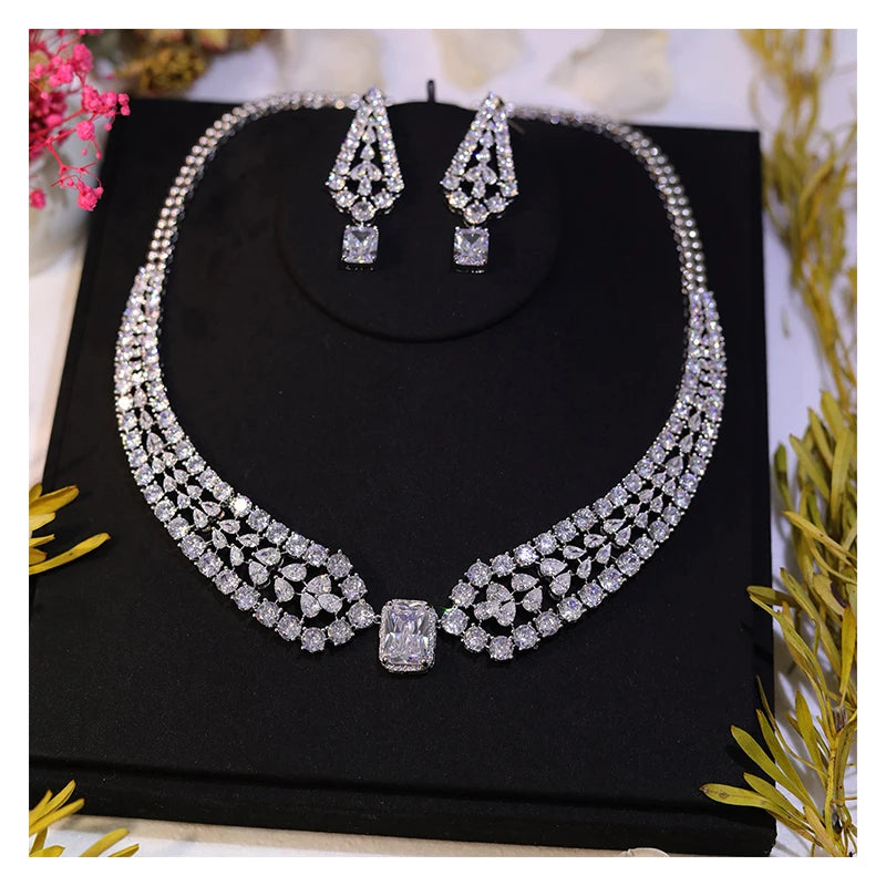 Chic Shiny Big Square Light White CZ Crystal Women Party Wedding Necklace and Earrings Fashion Jewelry Sets for Brides Z019