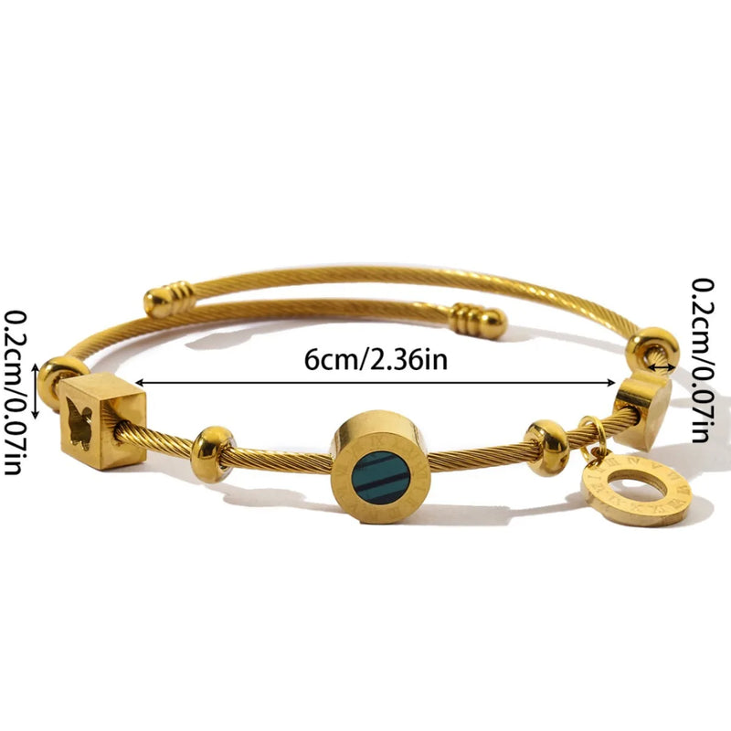 Hot Sale Stainless Steel Malachite Roman Letters Charm Bangles Bracelets for Women Gold Color Waterproof Wrist Cuff Jewelry Gift