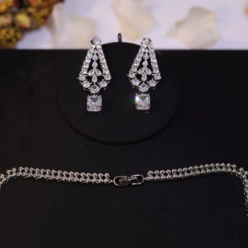 Chic Shiny Big Square Light White CZ Crystal Women Party Wedding Necklace and Earrings Fashion Jewelry Sets for Brides Z019