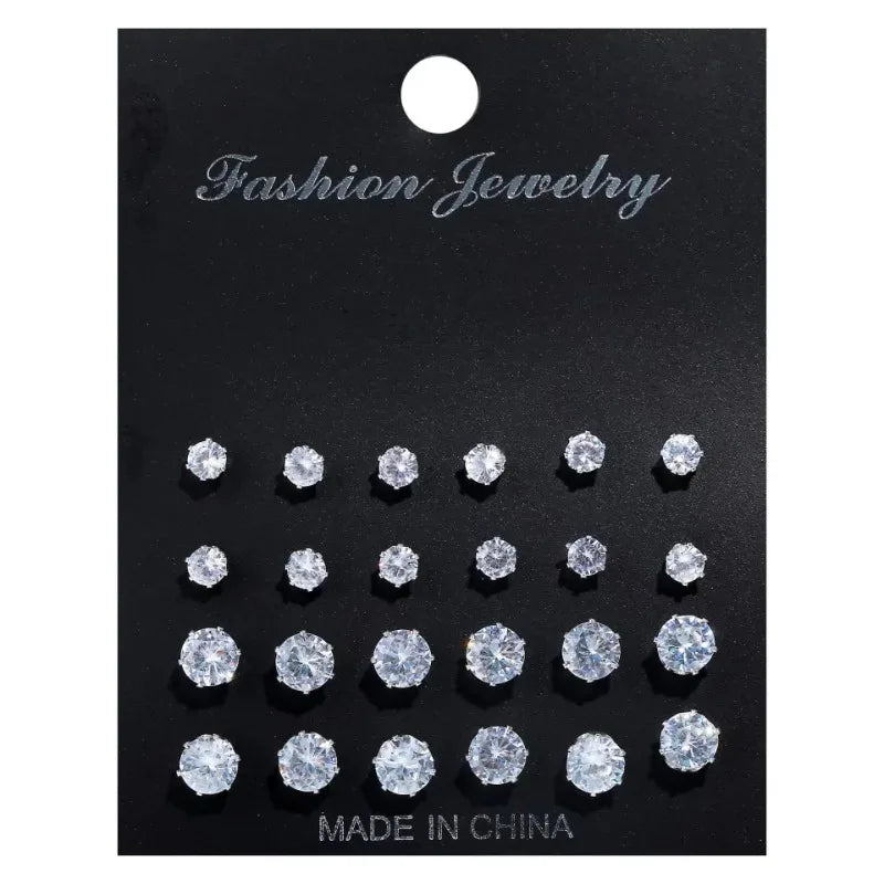 Six Claw Crystal Zircon Earrings Inlaid with Colorful Diamonds, Fashionable 12 Pair Combination Card Earrings