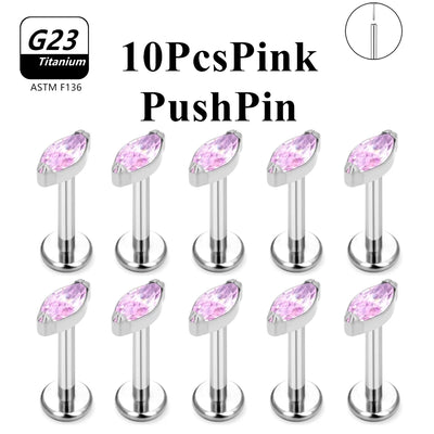 Wholesale Lot10PCS G23 Titanium Internally Threaded Push Pin Body Piercing Jewelry Nose Ring Earrings Stud CZ Ear Helix Pierc