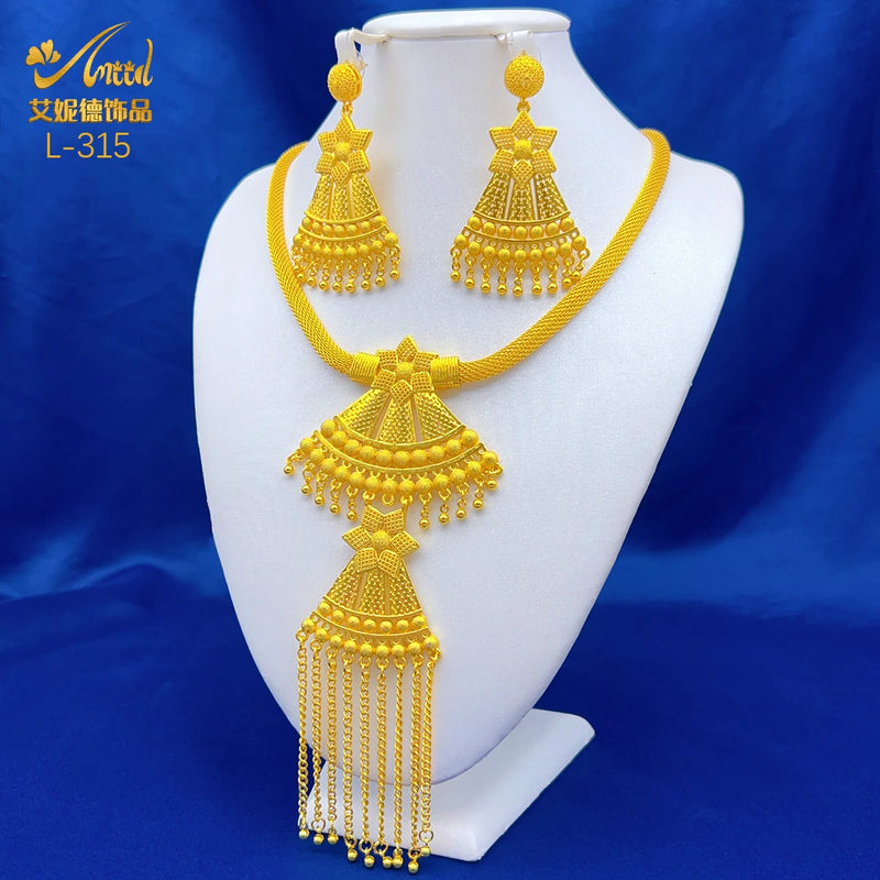 Dubai Indian African Tassel Necklace Earrings Jewelry Set For Women 24K Gold Plated Nigeria Bridal Wedding Party Gift Jewellery