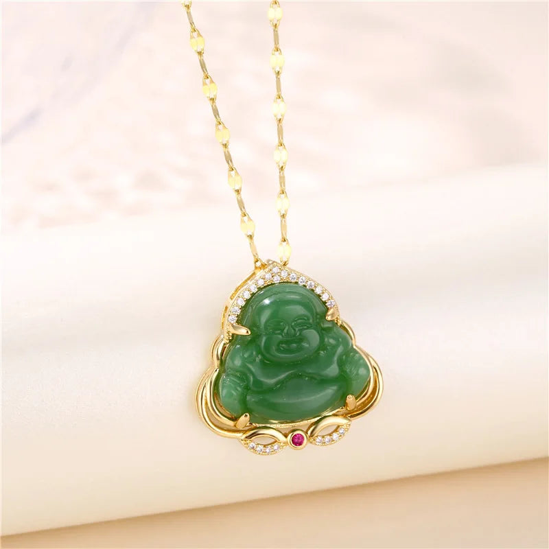 New In Fashion Green Zircon Crystal Pendant Stainless Steel Necklaces For Women Trendy Retro Style Female Clavicle Chain Jewelry