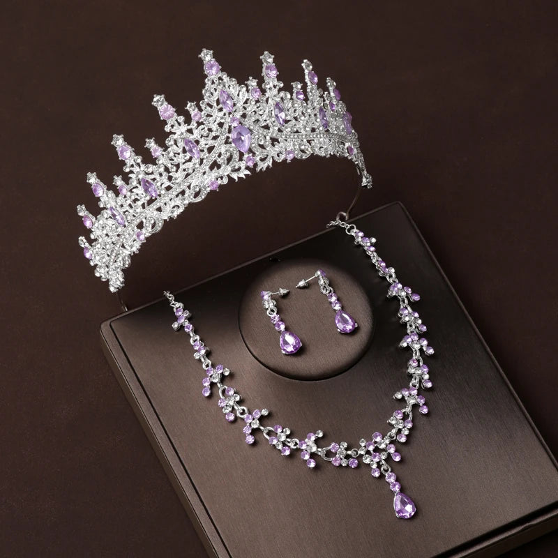 Luxury Silver Color Crystal Water Drop Bridal Jewelry Sets Rhinestone Tiaras Crown Necklace Earrings Wedding Dubai Jewelry Set